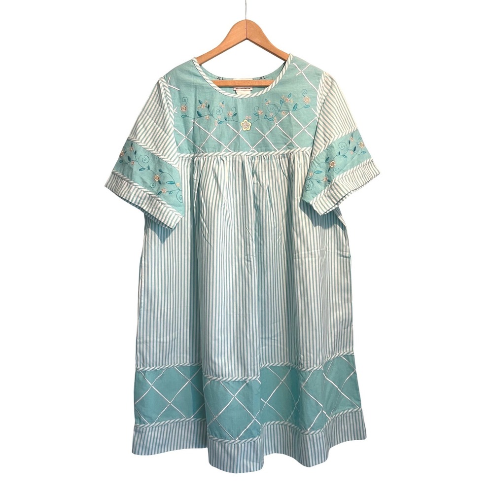 National Turquoise Striped Floral Embroidered Cotton Lounger House Dress XL